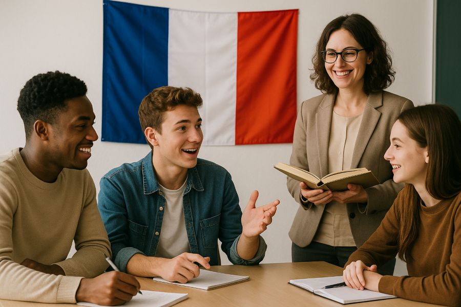 Expert French Tutors Providing Supportive Learning A group of students and their French tutor in a classroom, with a French flag in the background.