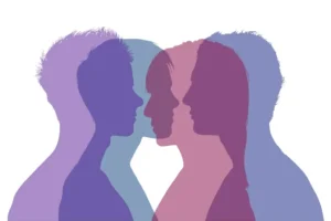 Gender identity spectrum illustration contrasting with French gendered language rules and grammar.