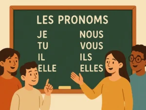 French language study guide showing pronouns chart with examples
