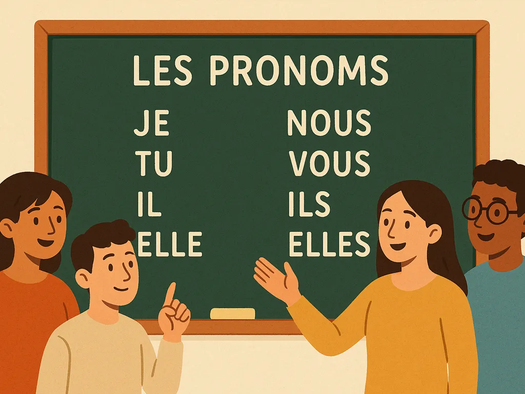An illustration of a teacher pointing to a chalkboard with the French subject pronouns: Je, Tu, Il, Elle, Nous, Vous, Ils, Elles.
