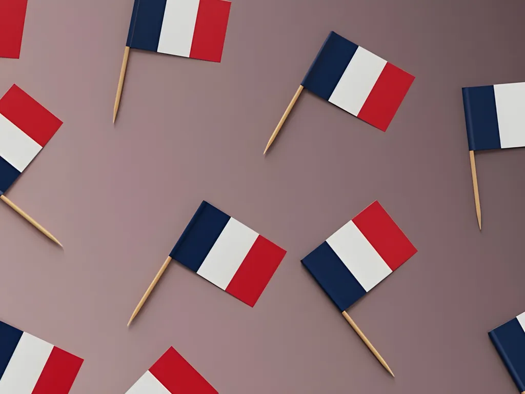 A repeating pattern of small French flags, symbolizing the Francophonie and the global reach of the French language.