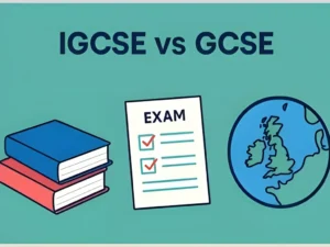 Infographic titled "IGCSE vs GCSE 5 Differences You Should Know," showing books, an exam paper, and a globe.