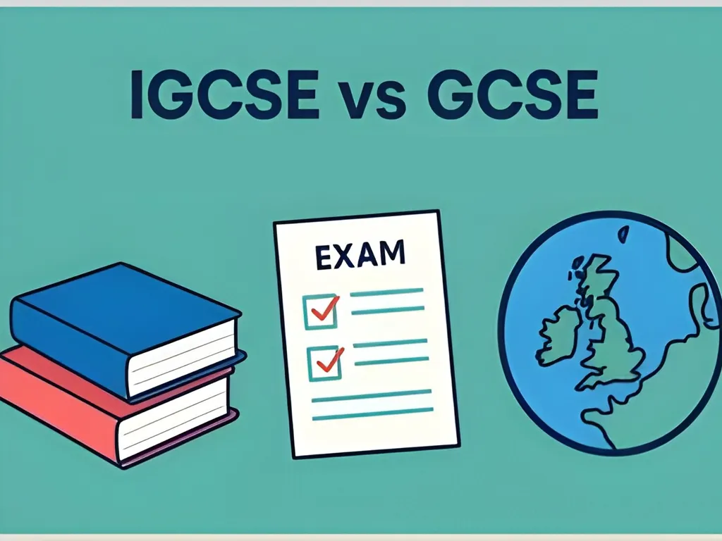Infographic titled "IGCSE vs GCSE 5 Differences You Should Know," showing books, an exam paper, and a globe.