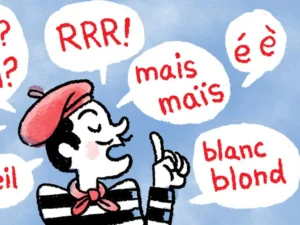 Colorful illustration of French slang phrases with speech bubbles and Parisian elements