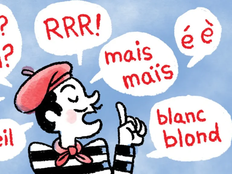 A cartoon illustration of a person wearing a red beret and a striped shirt, surrounded by speech bubbles with French sounds and words like "mais," "blanc," and "blond."