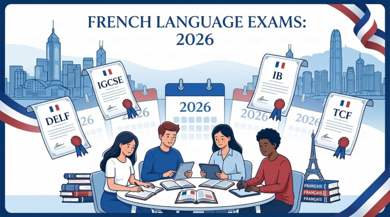 French language exams guide for Hong Kong 2026 showing DELF, IGCSE, IB, and TCF certification options with Hong Kong skyline