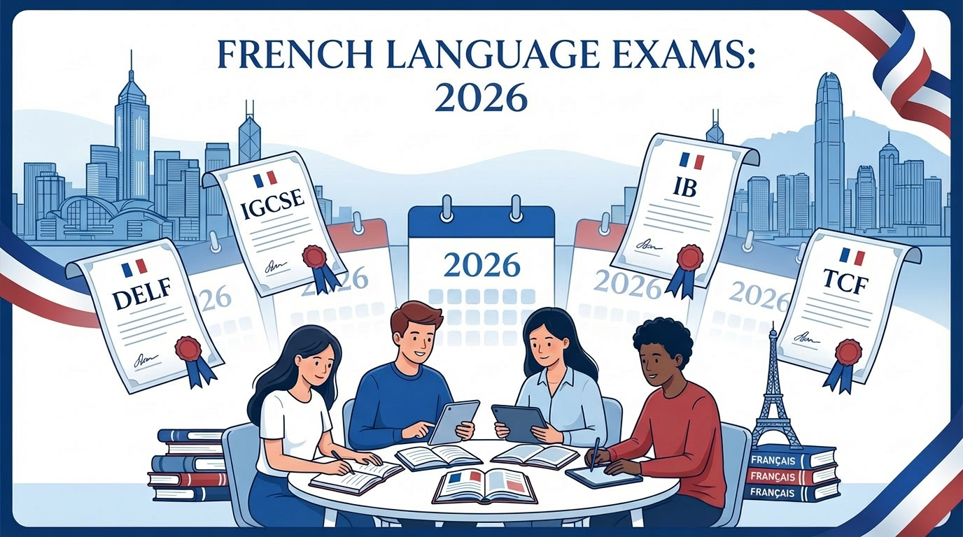 French language exams guide for Hong Kong 2026 showing DELF, IGCSE, IB, and TCF certification options with Hong Kong skyline
