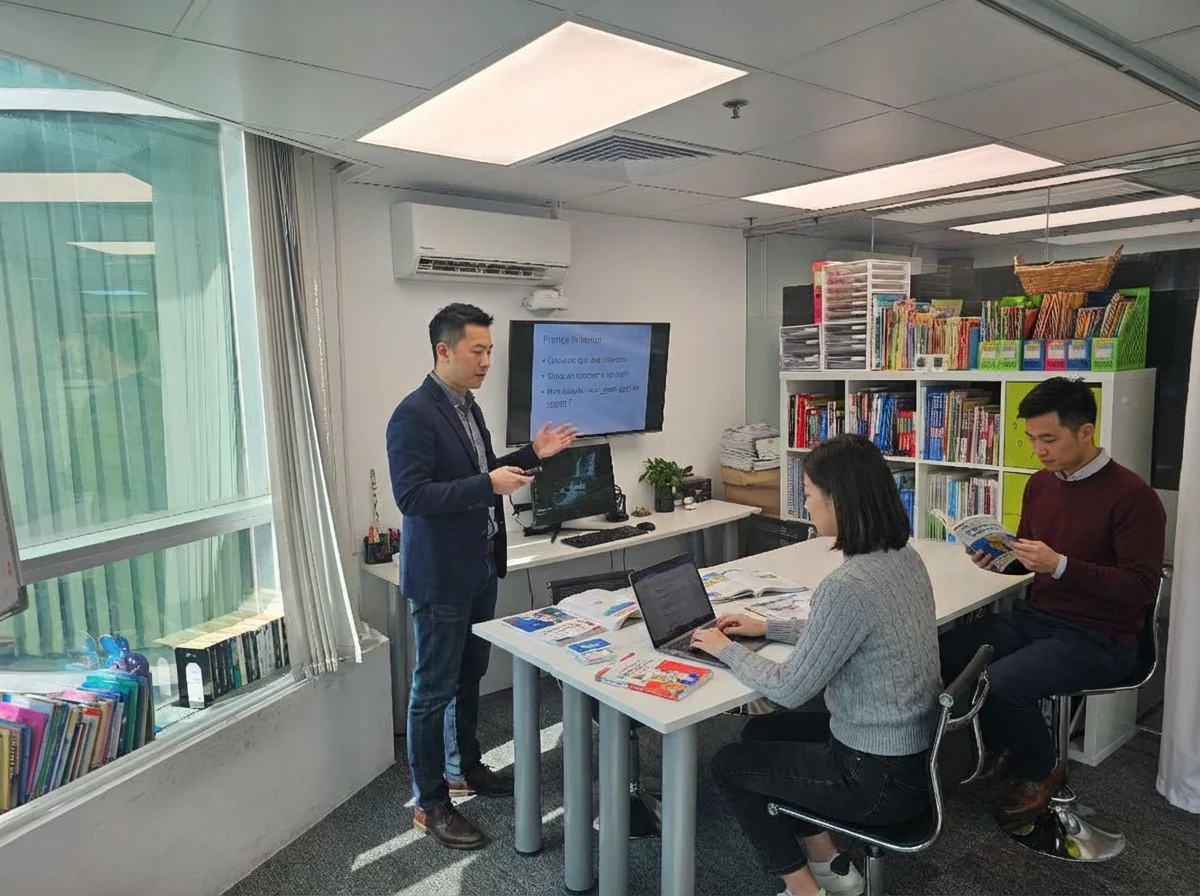 一群學生和他們的法語導師在教室裡，背景是法國國旗。