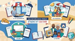 Students taking Oxford AQA IGCSE French exam with textbooks