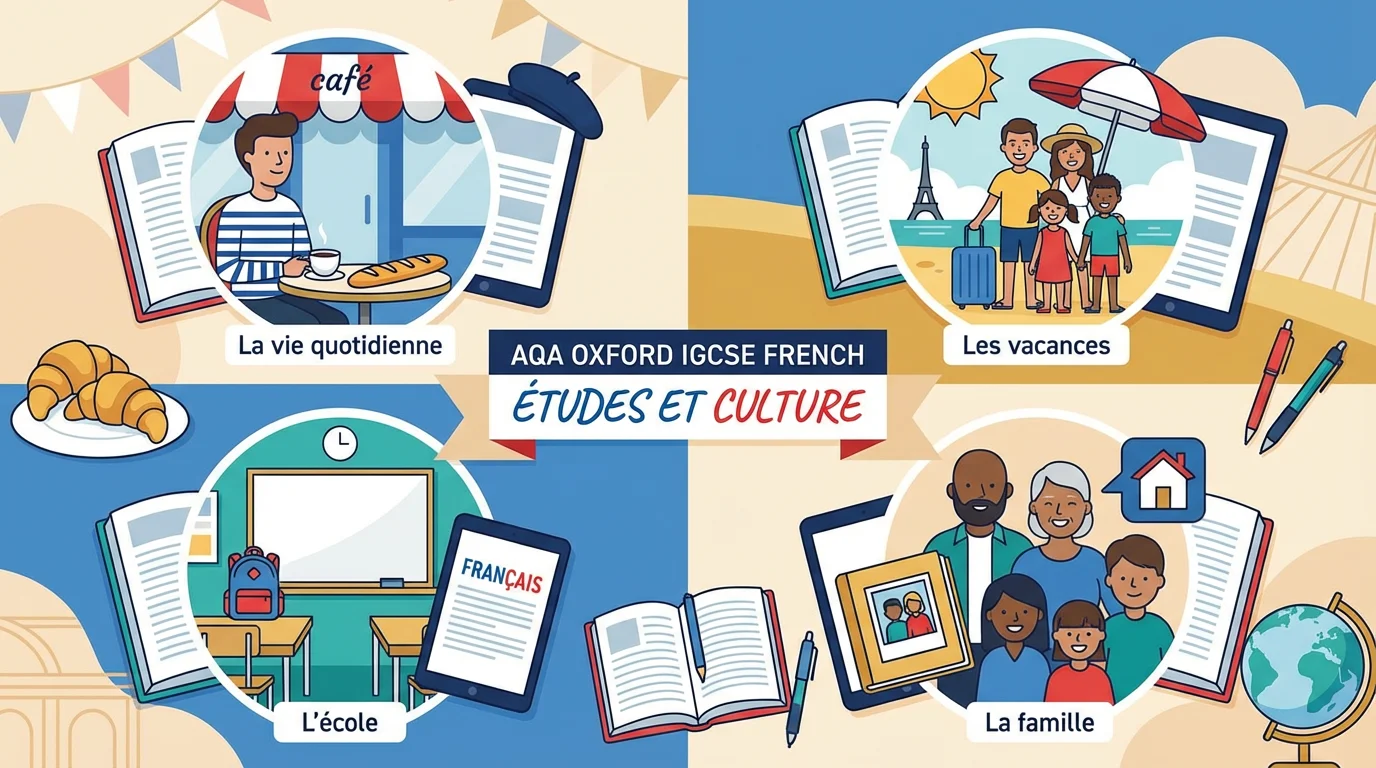 Students taking Oxford AQA IGCSE French exam with textbooks