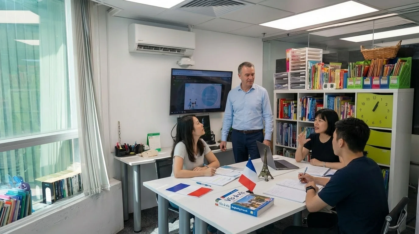 一群學生和他們的法語導師在教室裡，背景是法國國旗。