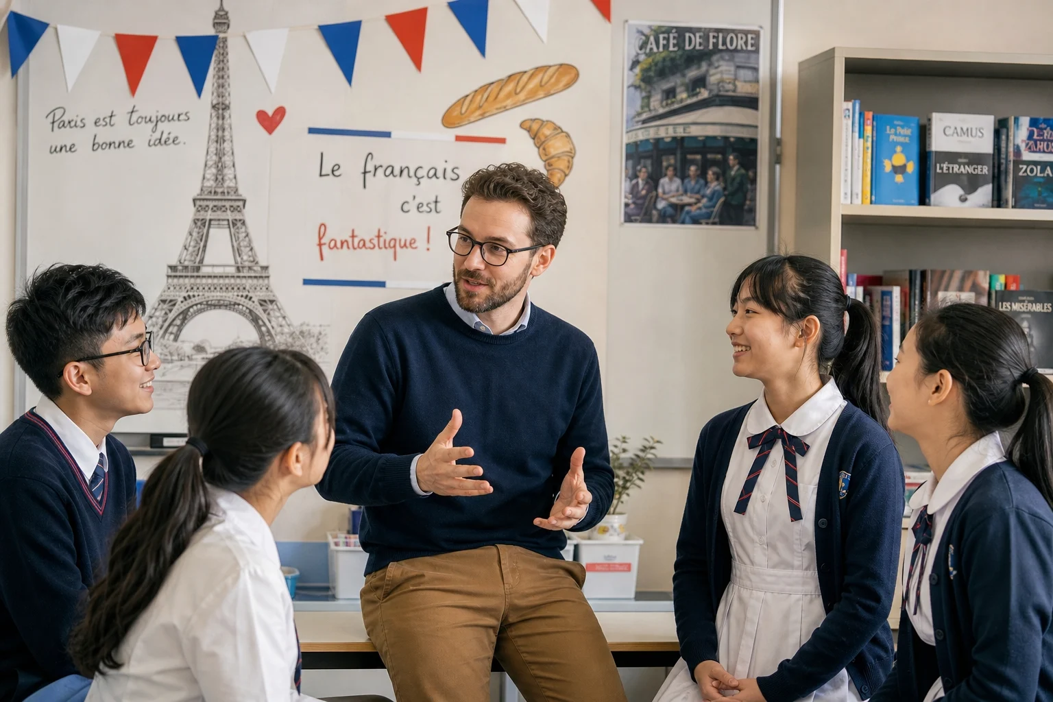 Engaging French language class with interactive group discussion
