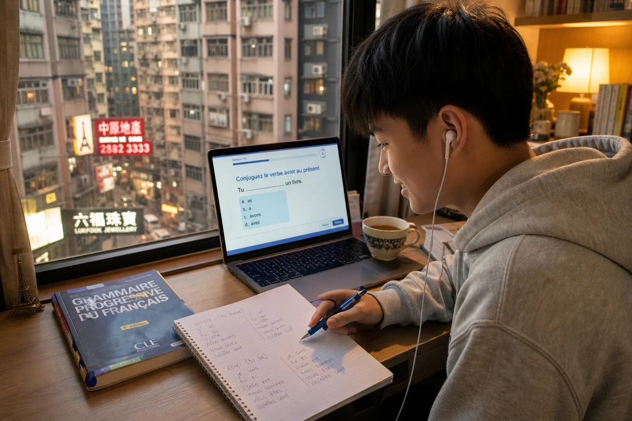 Hong Kong student practising French verb conjugation with our interactive tools