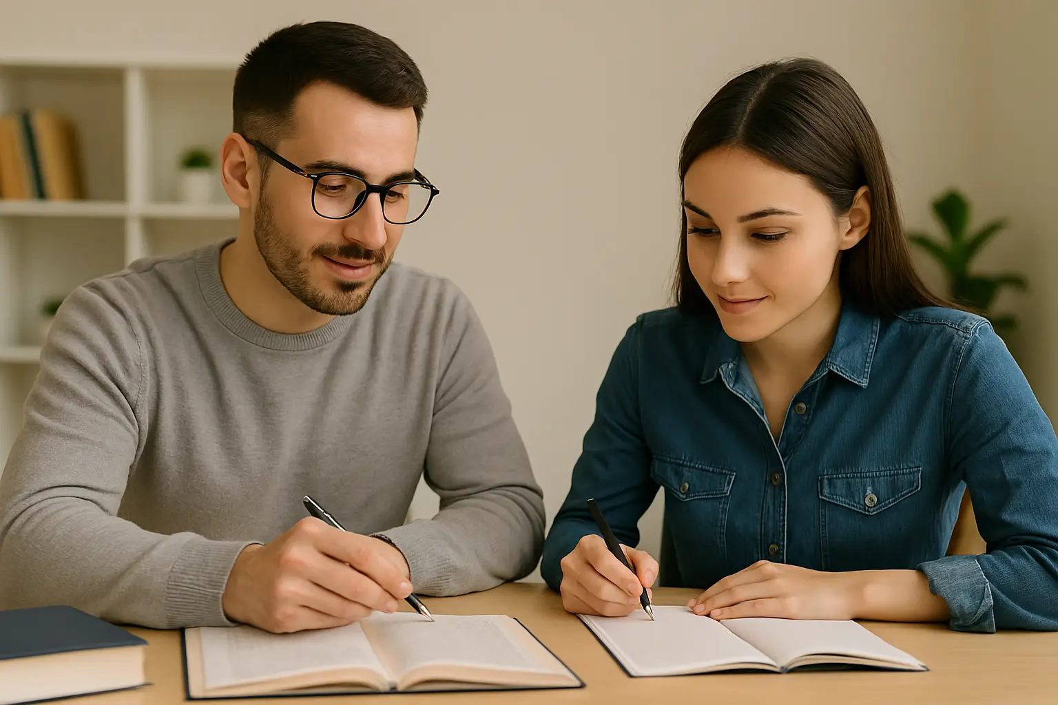 A tutor and student working together on French language exercises at Interactive French in Hong Kong.