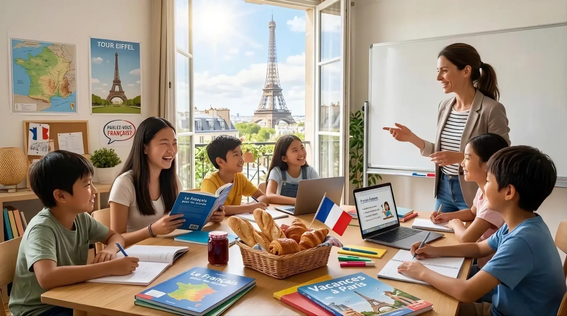 A group of children engaged in a fun and interactive French storytime session with a teacher at Interactive French in Hong Kong.